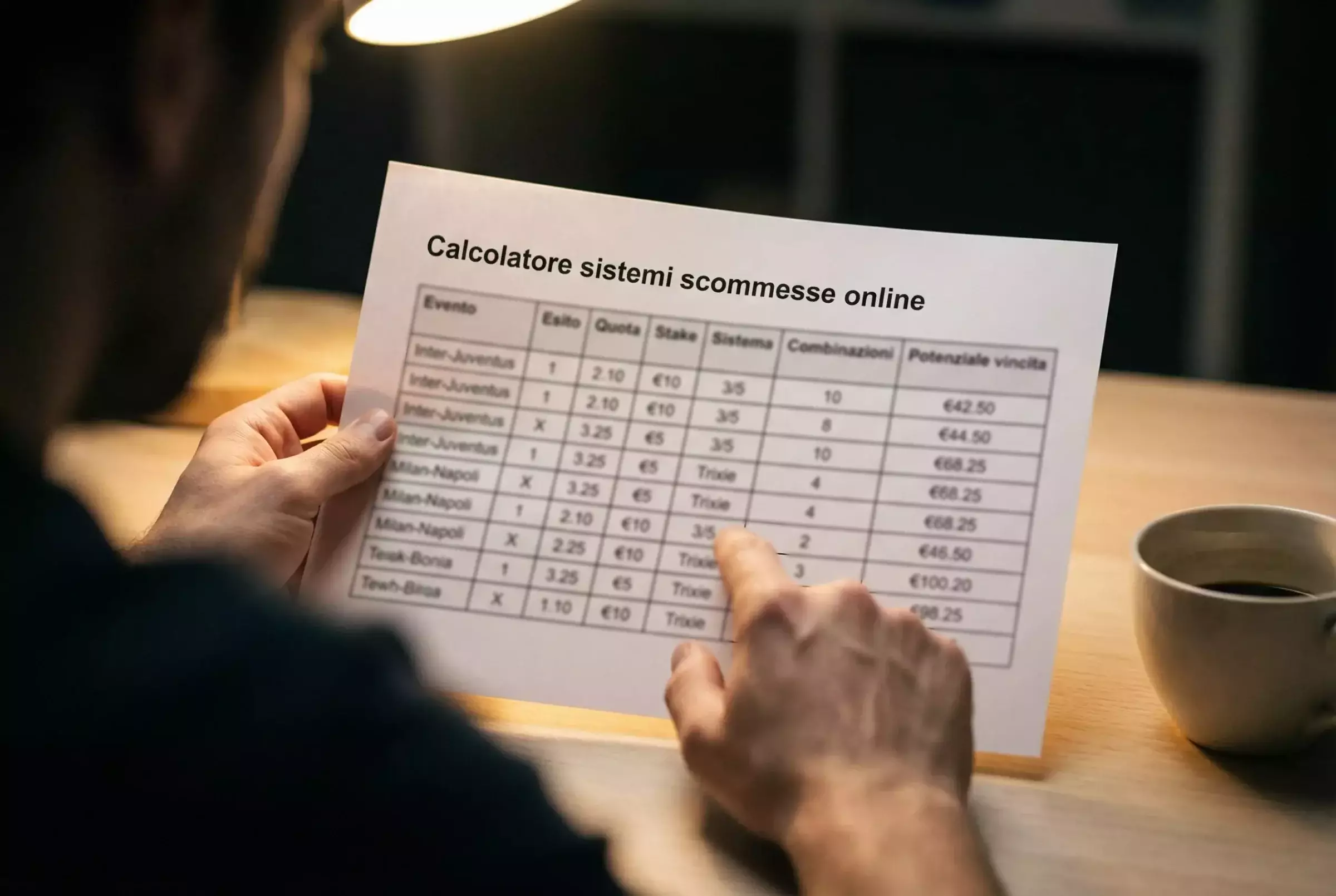 Persona che analizza dati e combinazioni di un sistema scommesse su un documento stampato