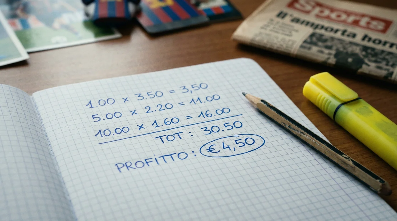 Foglio con formule e quote scritte a mano per il calcolo delle vincite di un sistema scommesse