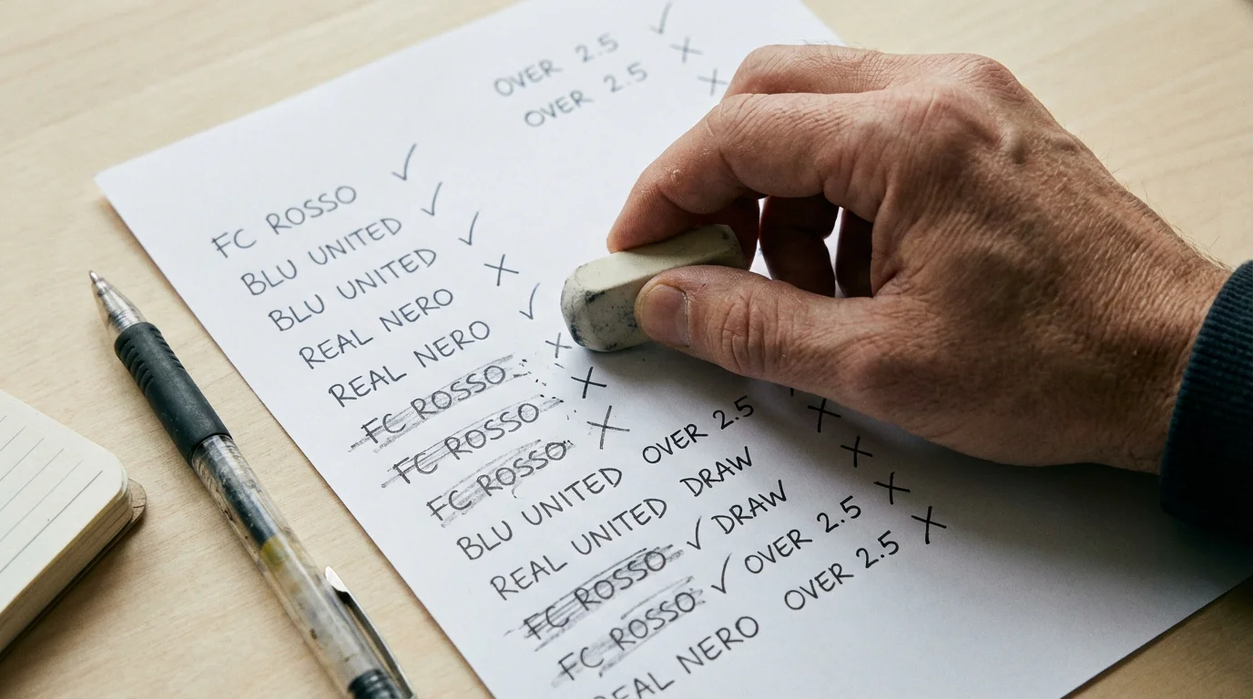 Mano che cancella un errore su un foglio di appunti con pronostici di calcio