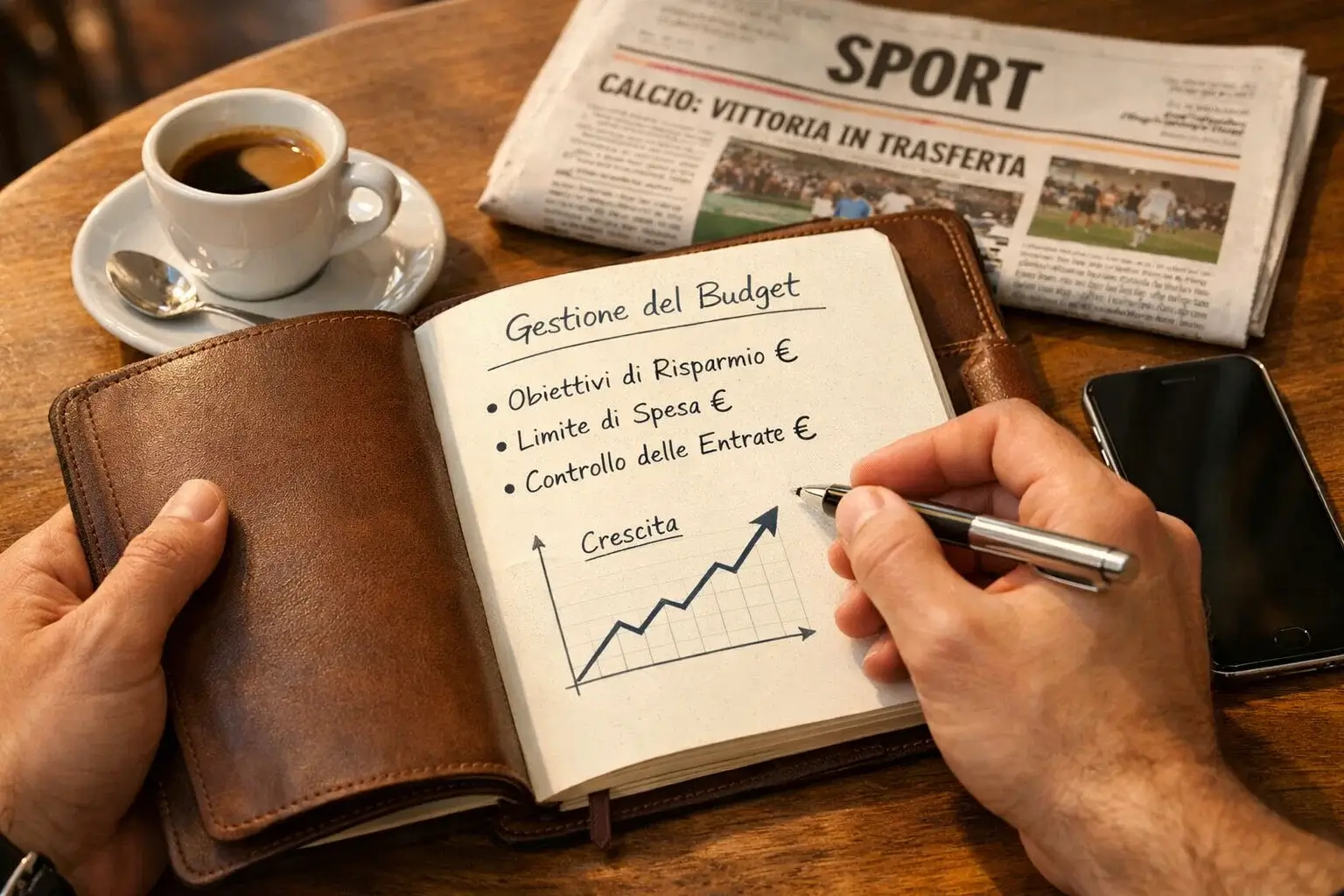 Scommettitore che pianifica le giocate con blocco note e penna