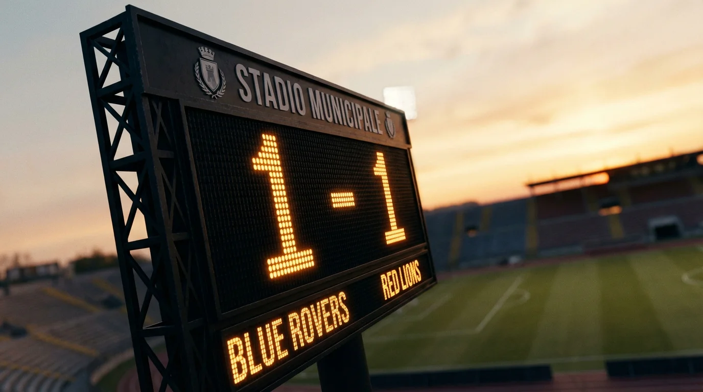 Tabellone segnapunti di una partita di calcio che mostra un risultato in pareggio allo stadio