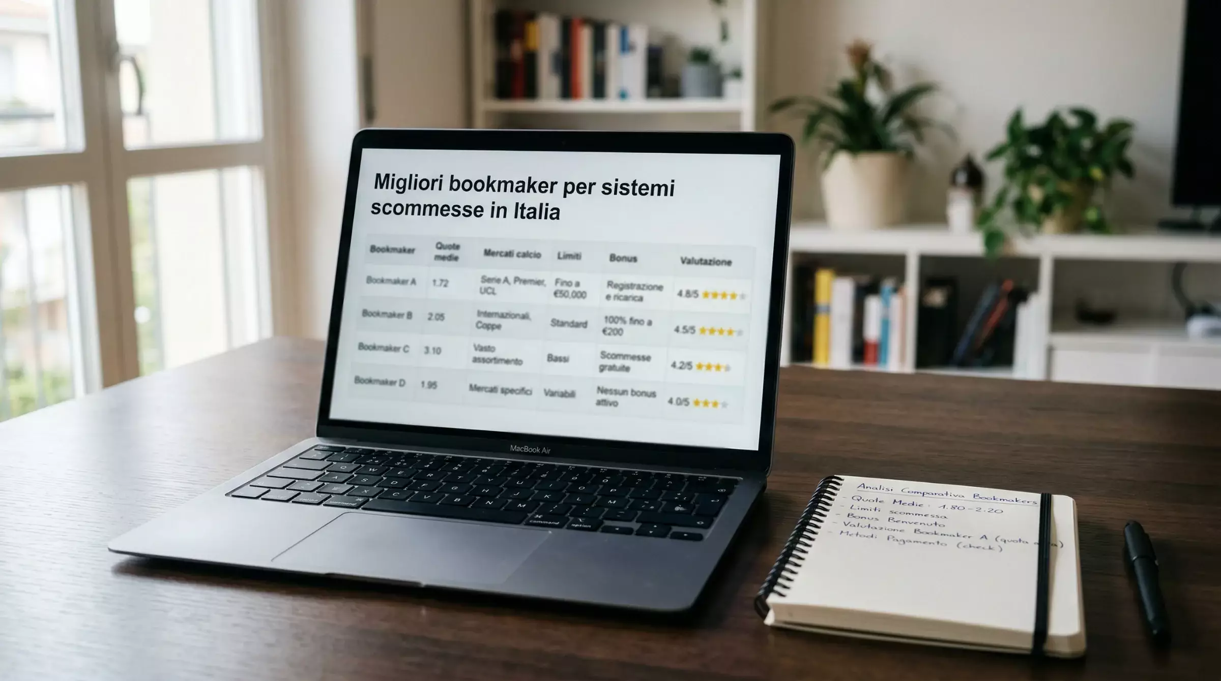 Schermo di computer con quote di scommesse calcio aperte su una scrivania ordinata