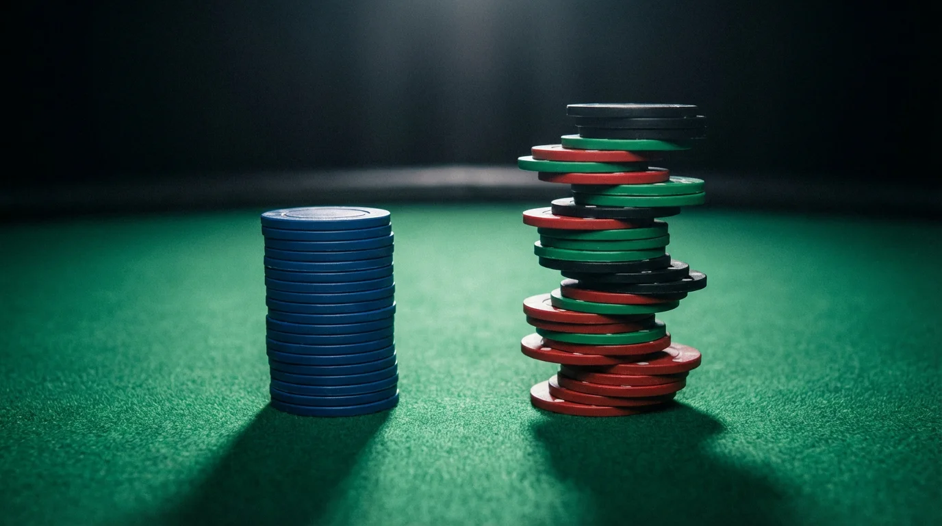 Due pile di fiches da gioco di altezza diversa su un tavolo verde che rappresentano strategie di puntata