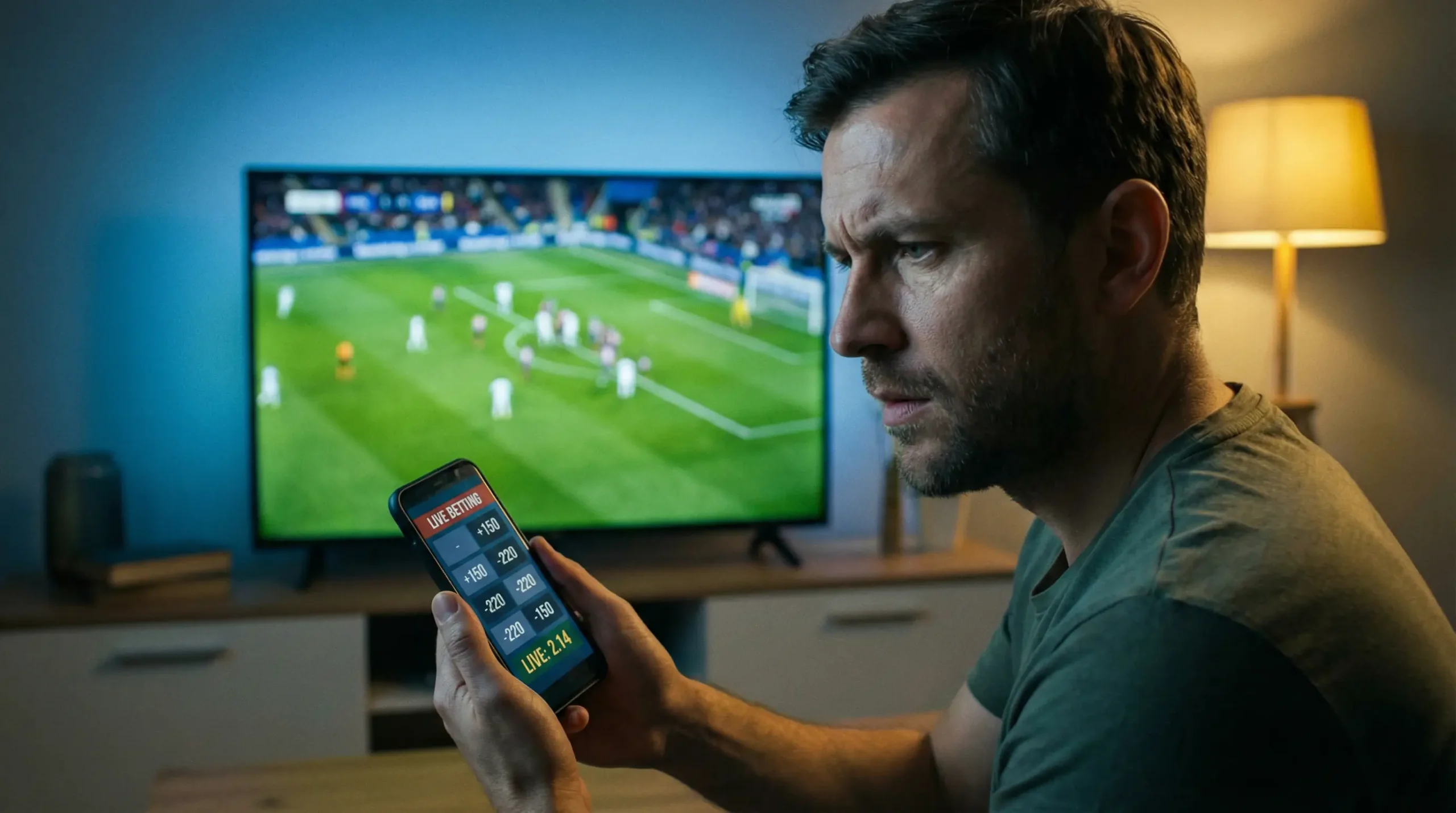 Tifoso che guarda una partita di calcio dal vivo seguendo il risultato sullo smartphone