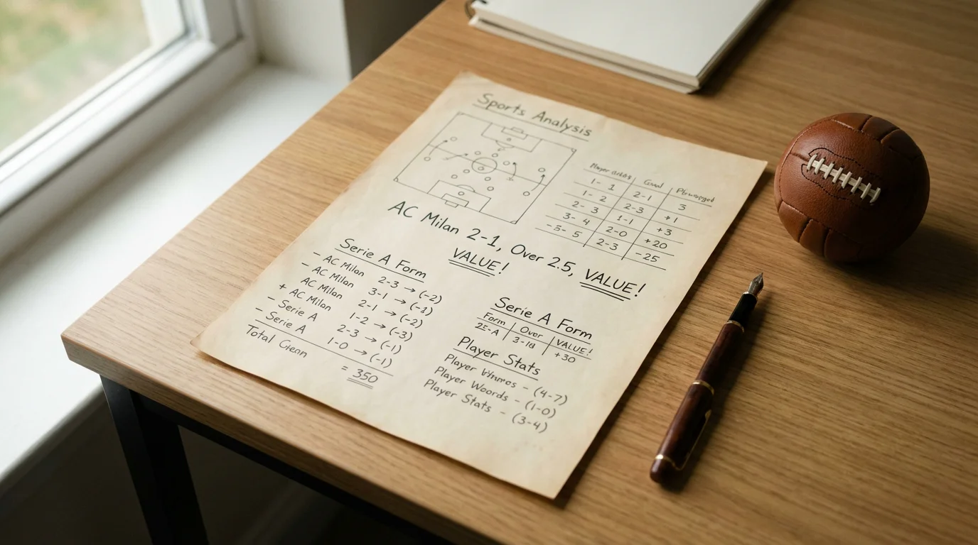 Documento con analisi di scommesse sportive accanto a un pallone da calcio su scrivania