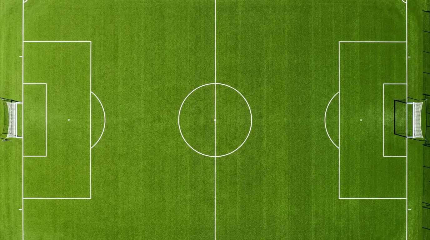 Vista dall'alto di un campo da calcio con linee bianche e erba verde curata