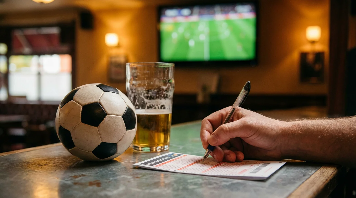 Mano che compila una schedina di scommesse sportive accanto a un pallone da calcio
