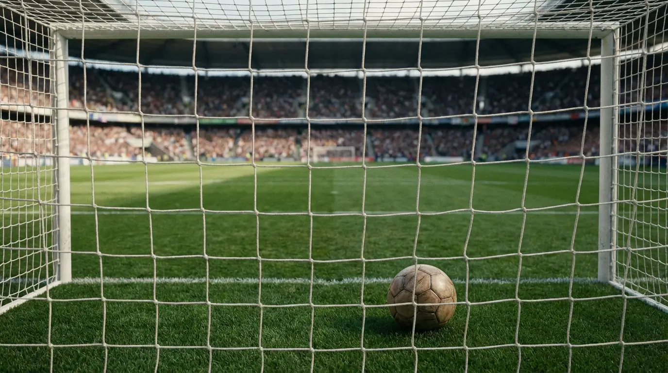 Rete di porta da calcio vista dal campo con stadio e spettatori sullo sfondo