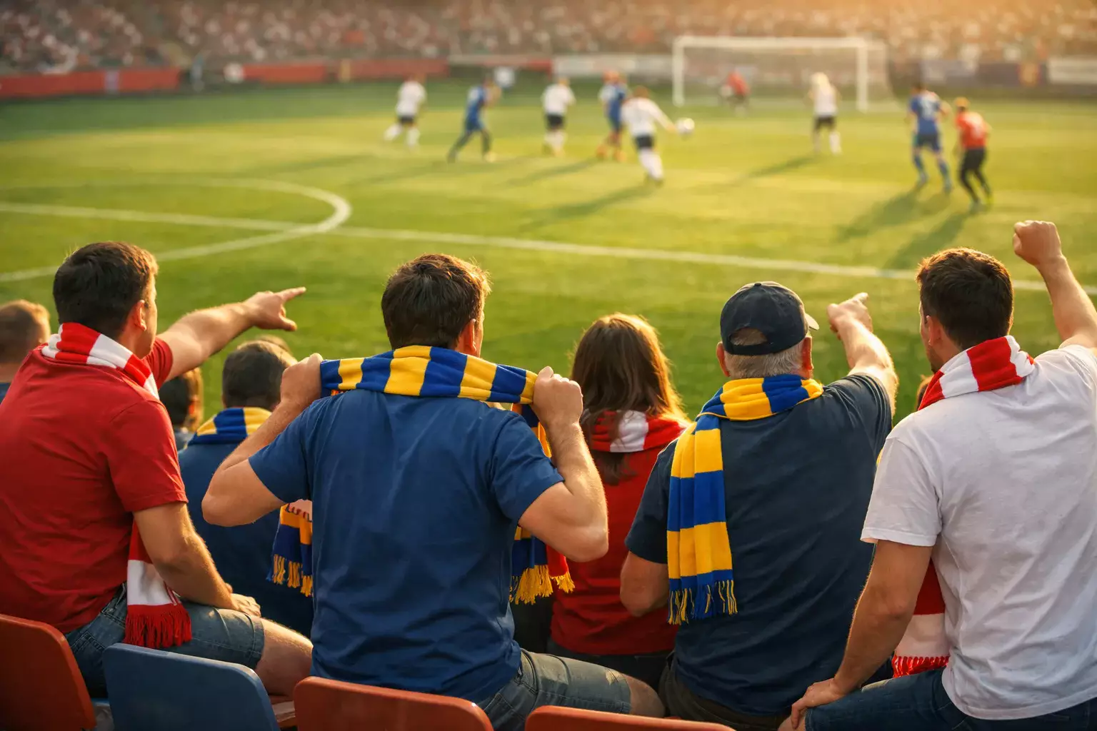Tribuna di stadio di calcio con tifosi e campo verde illuminato dai riflettori