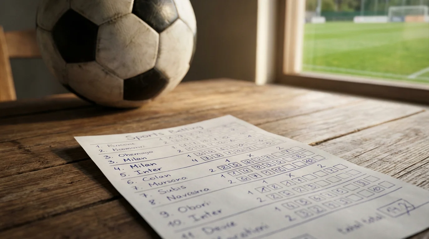 Schedina di scommesse sportive con pallone da calcio su campo in erba verde