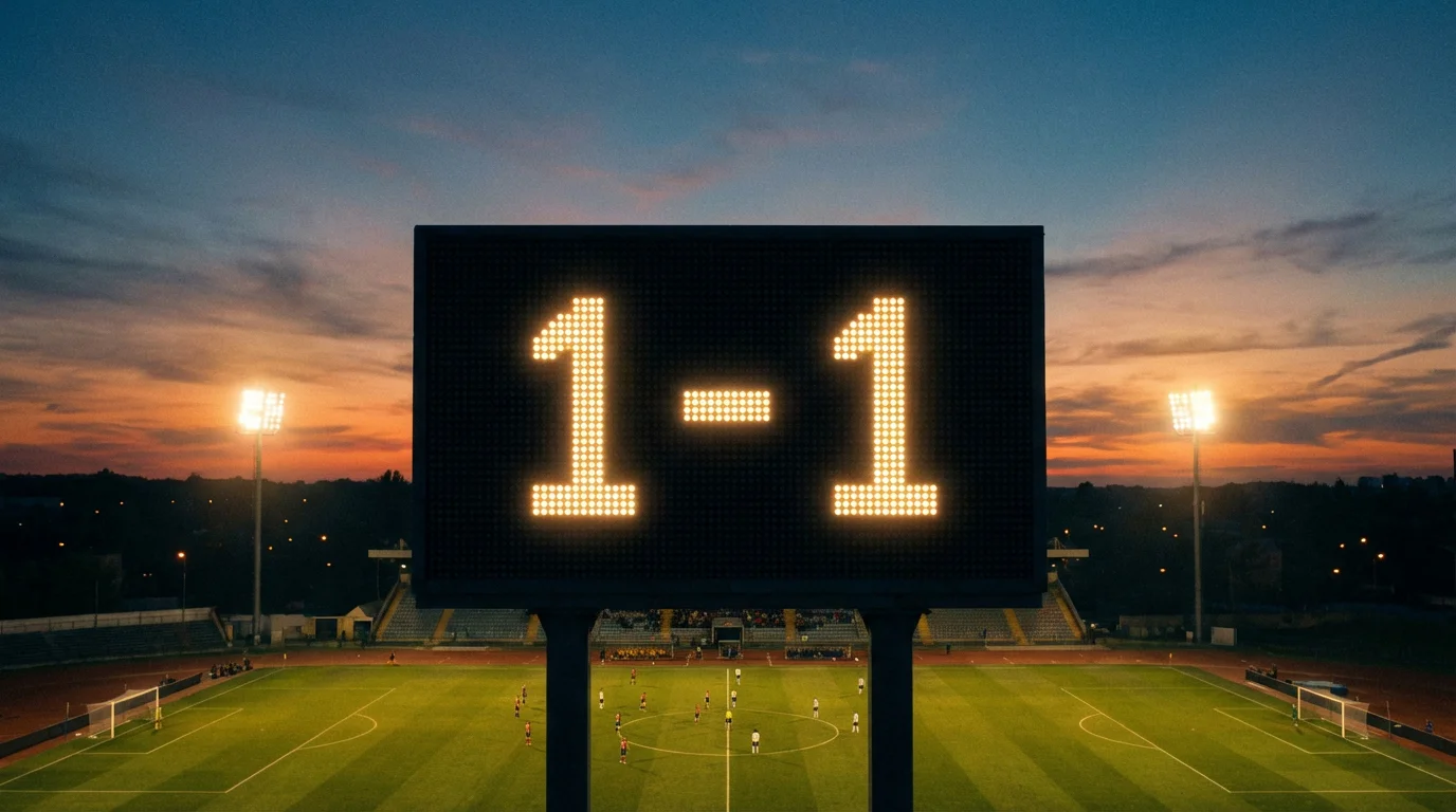 Tabellone segnapunti di stadio di calcio che mostra un pareggio durante una partita