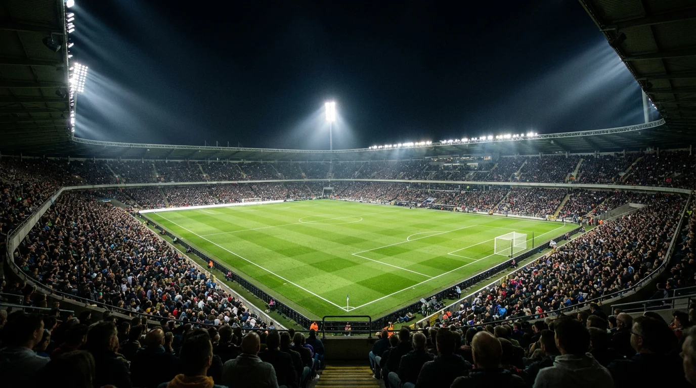 Stadio di calcio illuminato con campo verde visto dalla tribuna durante una partita serale