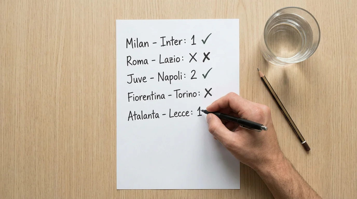 Mano che segna pronostici su un foglio con alcune previsioni corrette e altre errate