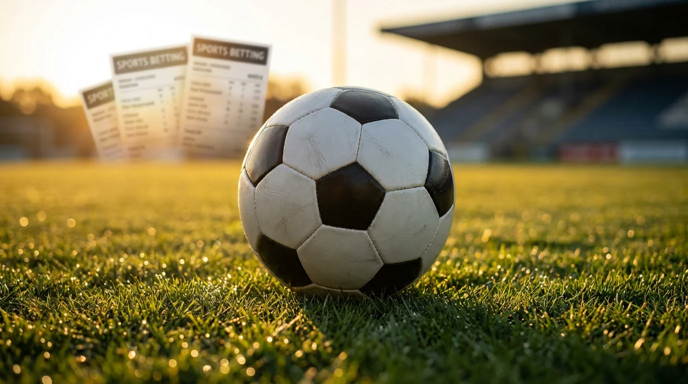 Pallone da calcio su erba verde con schedine di scommesse sportive sullo sfondo