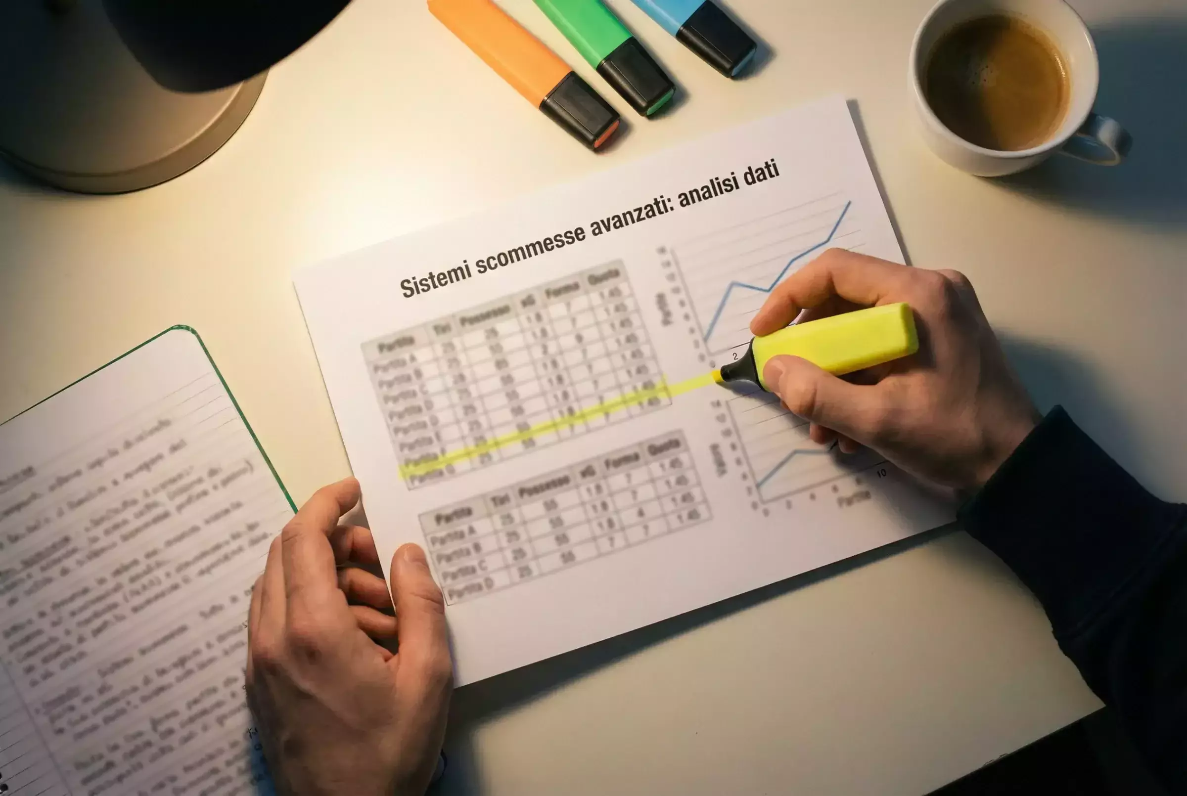 Analista sportivo che studia statistiche di calcio su fogli e appunti dettagliati
