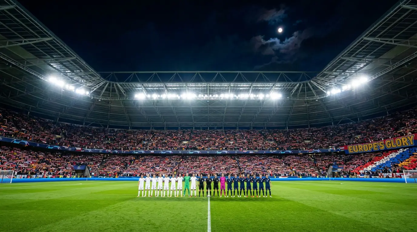 Campo da calcio europeo sotto i riflettori durante una serata di Champions League