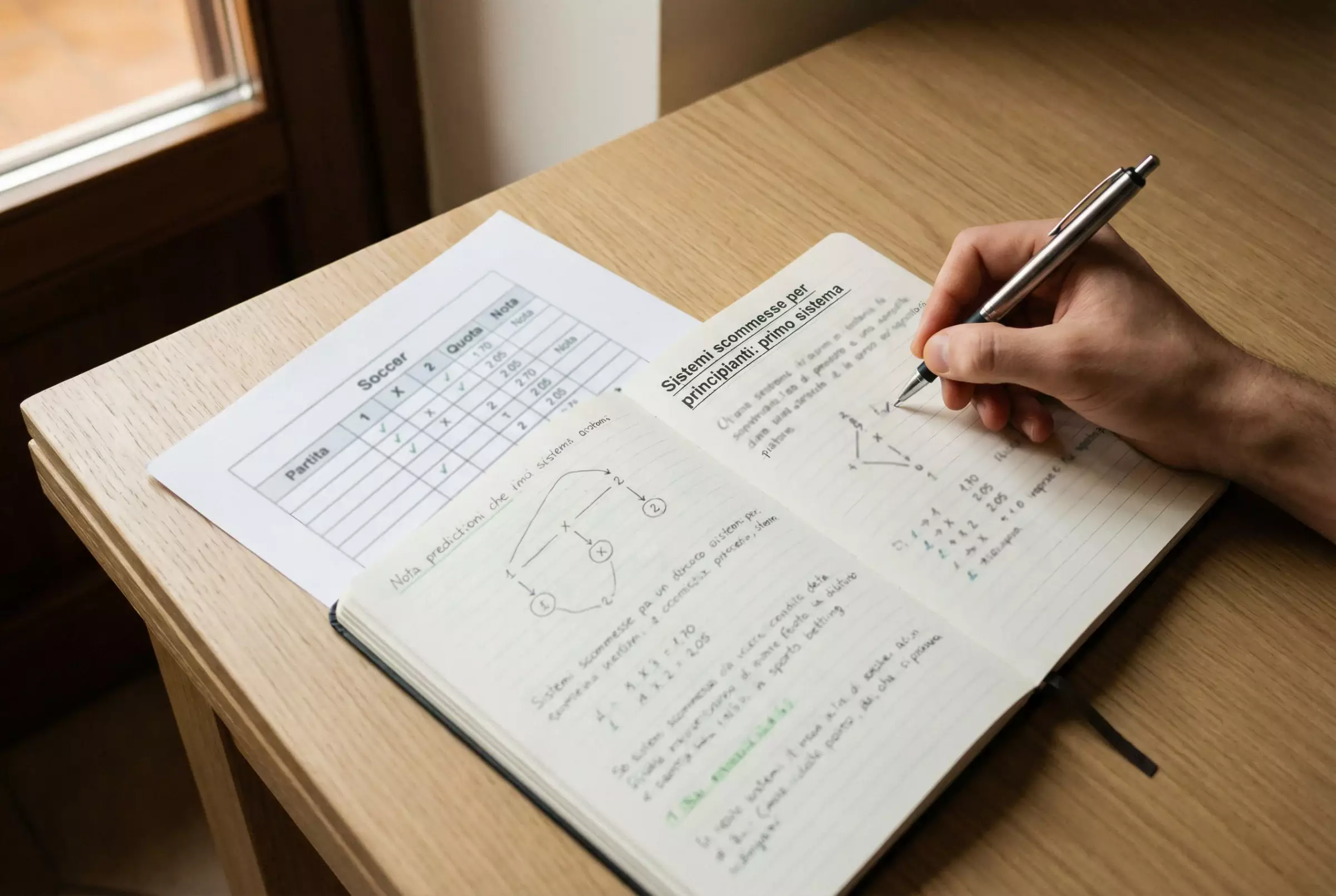 Persona che studia una schedina di scommesse con appunti e penna su un tavolo