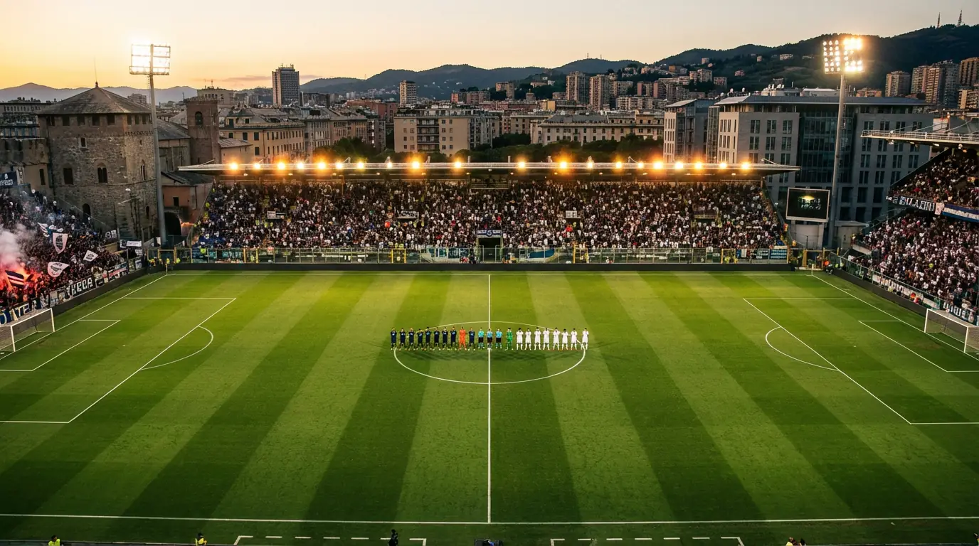Stadio di Serie A illuminato durante una partita serale di calcio italiano