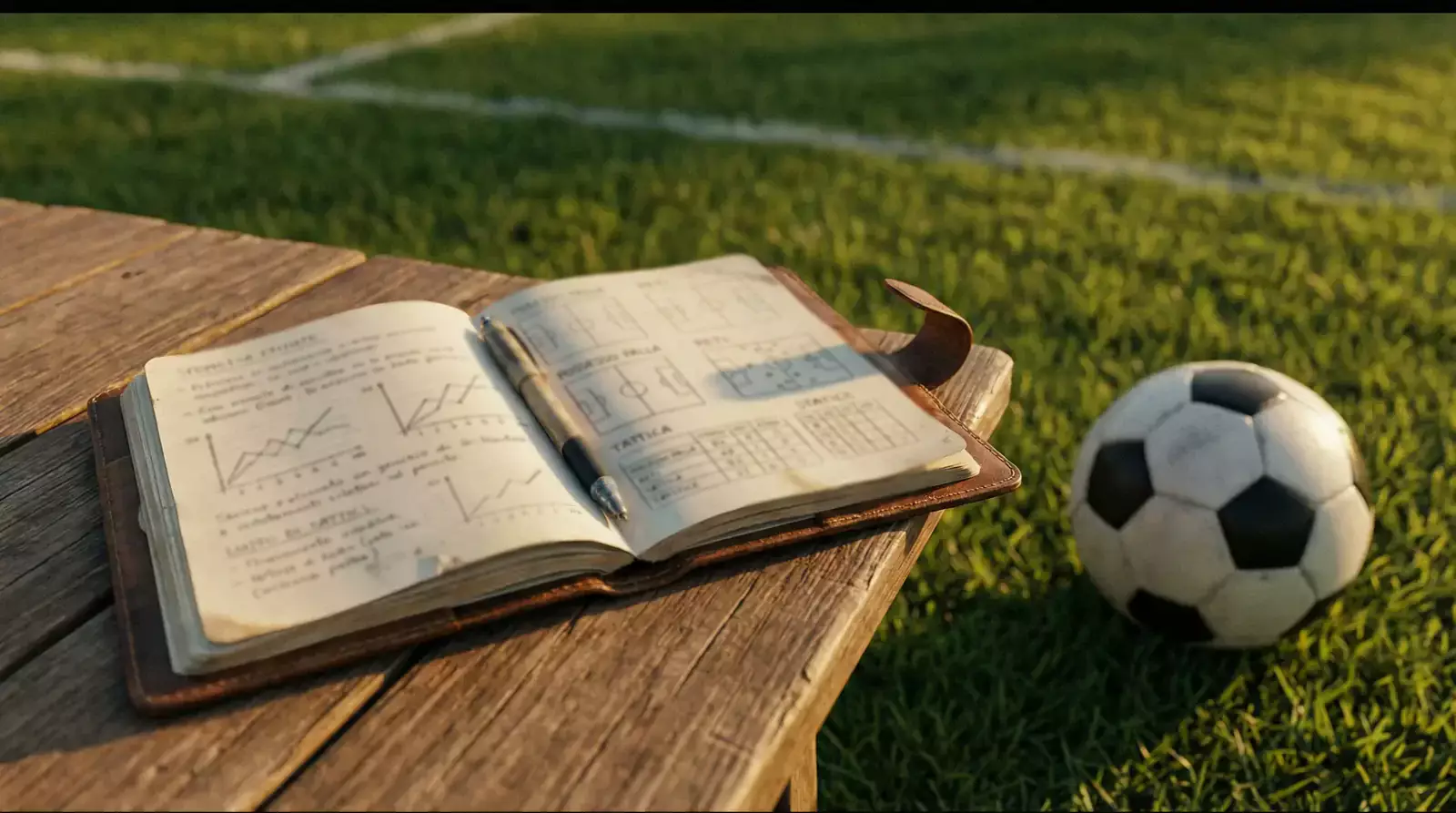 Quaderno con statistiche e grafici di calcio accanto a un pallone da calcio su erba