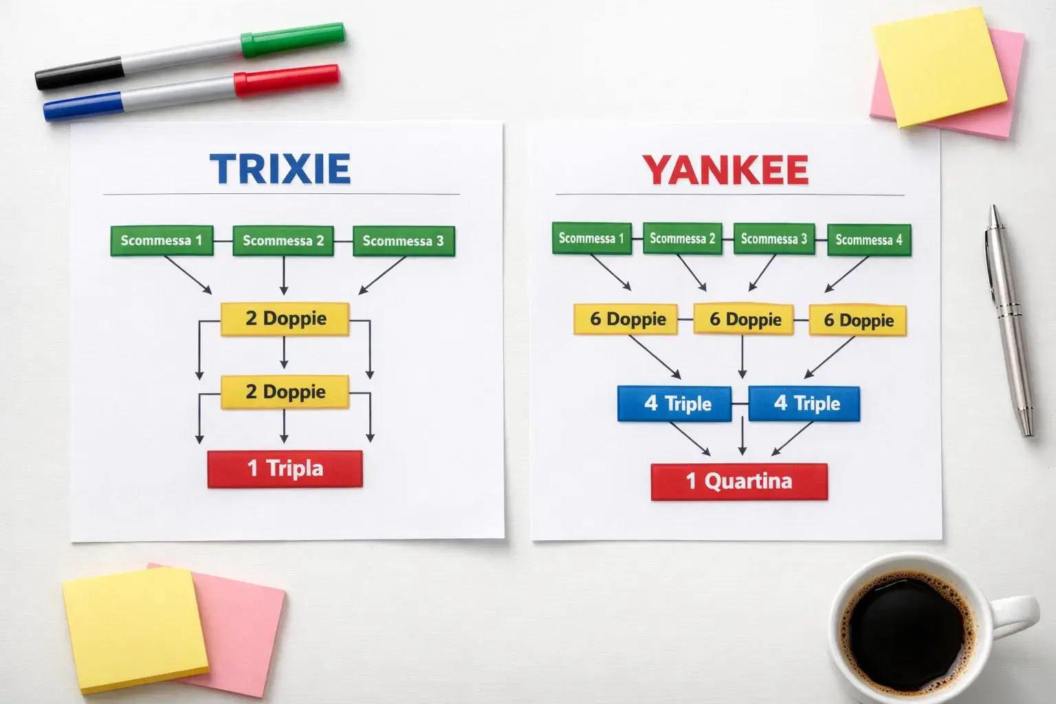 Schema delle diverse tipologie di sistemi scommesse con diagrammi